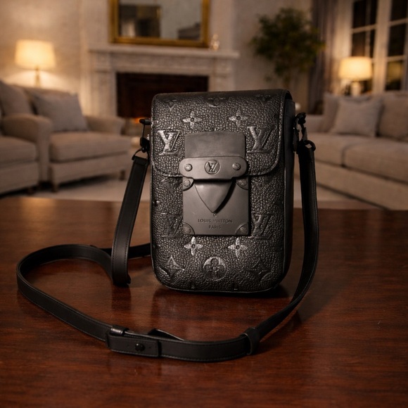 ‏…… Handbags - Black Embossed Monogram Leather Crossbody Messenger Bag
